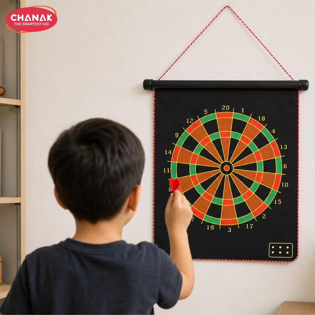 Chanak Magnetic Dart Board for Kids 5+ Years | Dual Sided Foldable 14 Inch Mat with 6 Blunt-Tip Darts – BIS Approved