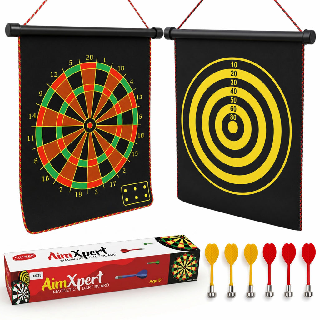 Chanak Magnetic Dart Board for Kids 5+ Years | Dual Sided Foldable 14 Inch Mat with 6 Blunt-Tip Darts – BIS Approved