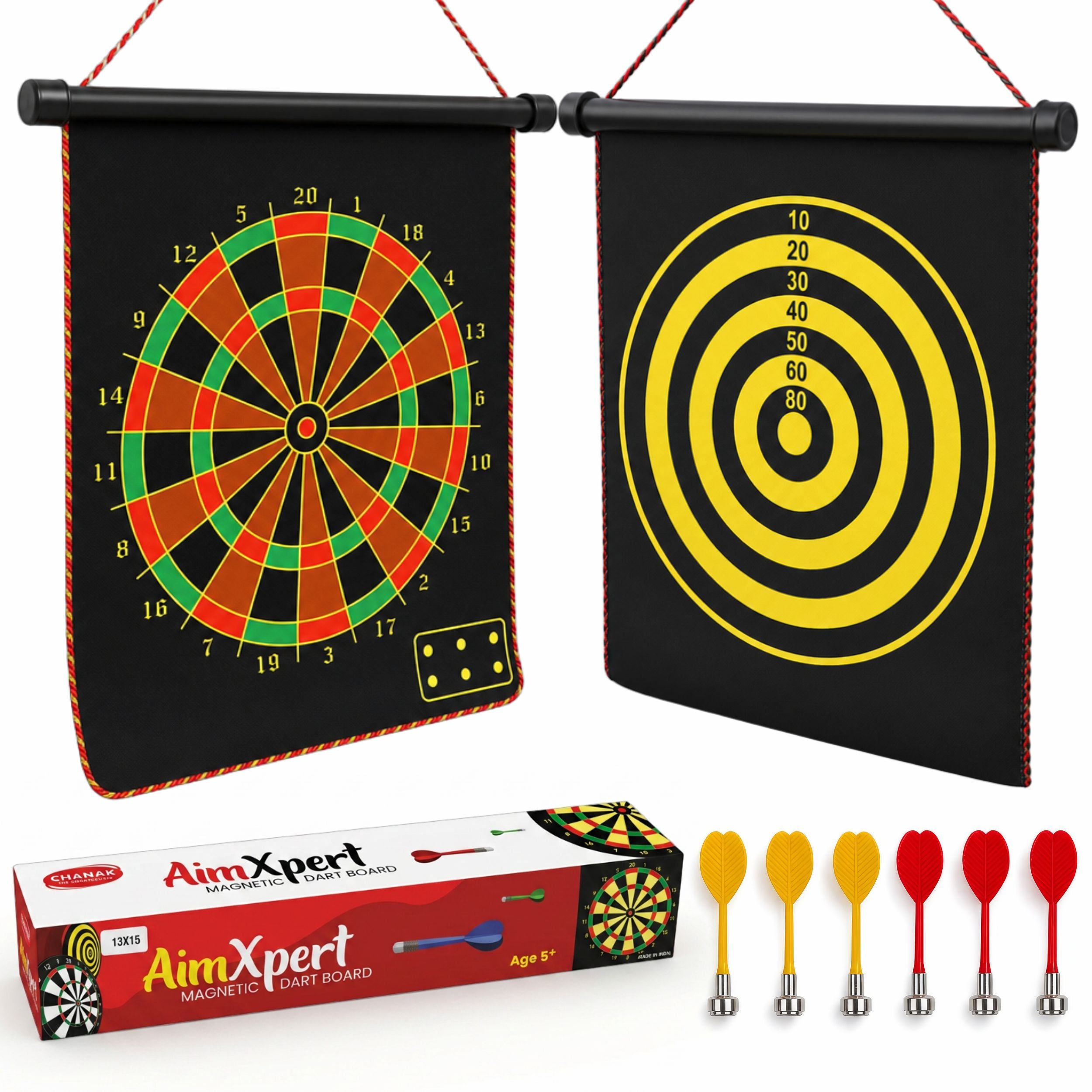 Chanak Magnetic Dart Board for Kids 5+ Years | Dual Sided Foldable 14 Inch Mat with 6 Blunt-Tip Darts – BIS Approved