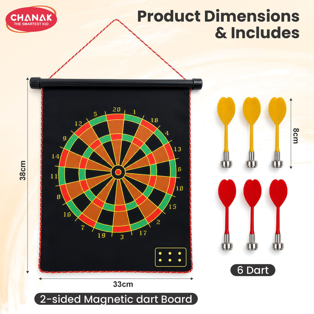 Chanak Magnetic Dart Board for Kids 5+ Years | Dual Sided Foldable 14 Inch Mat with 6 Blunt-Tip Darts – BIS Approved