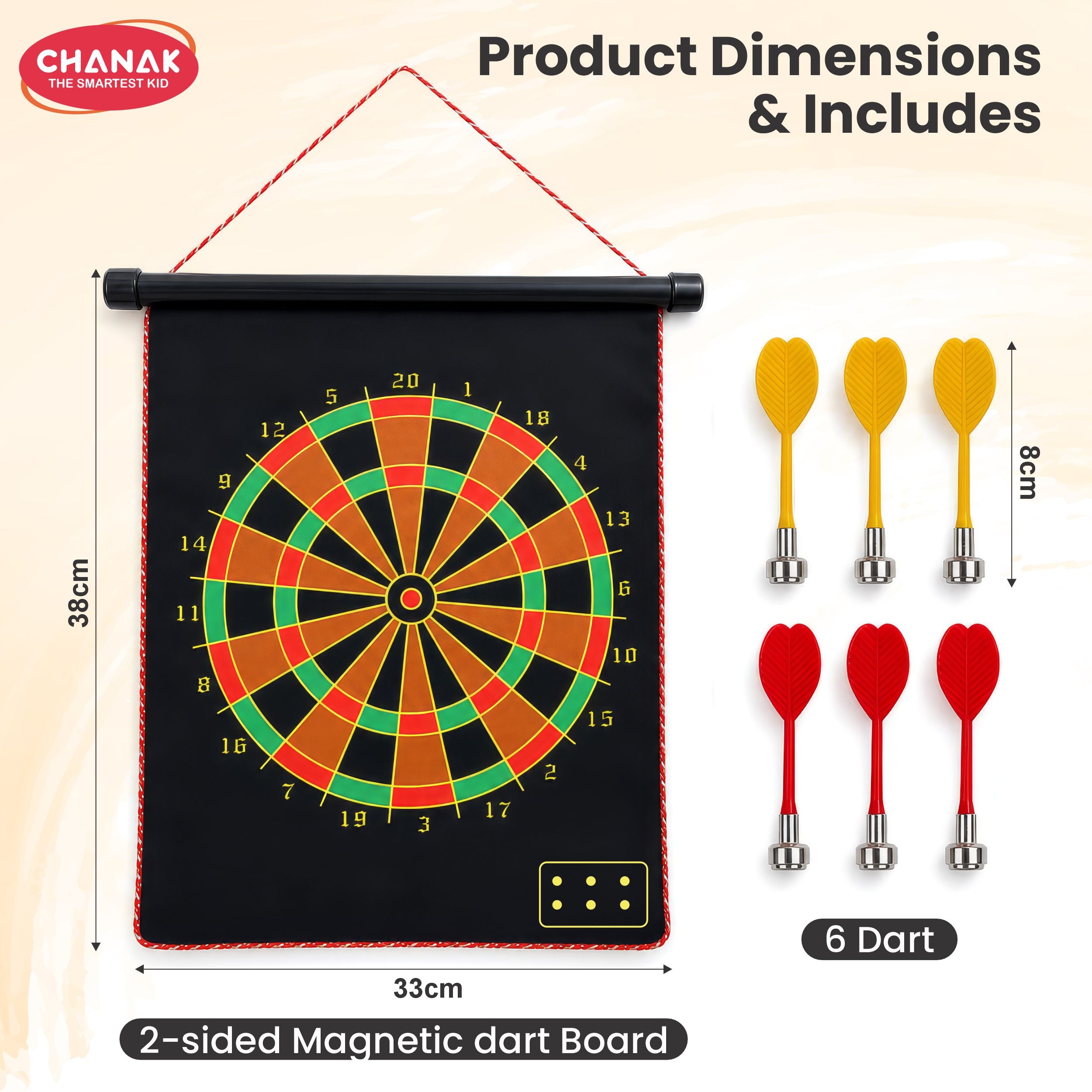 Chanak Magnetic Dart Board for Kids 5+ Years | Dual Sided Foldable 14 Inch Mat with 6 Blunt-Tip Darts – BIS Approved