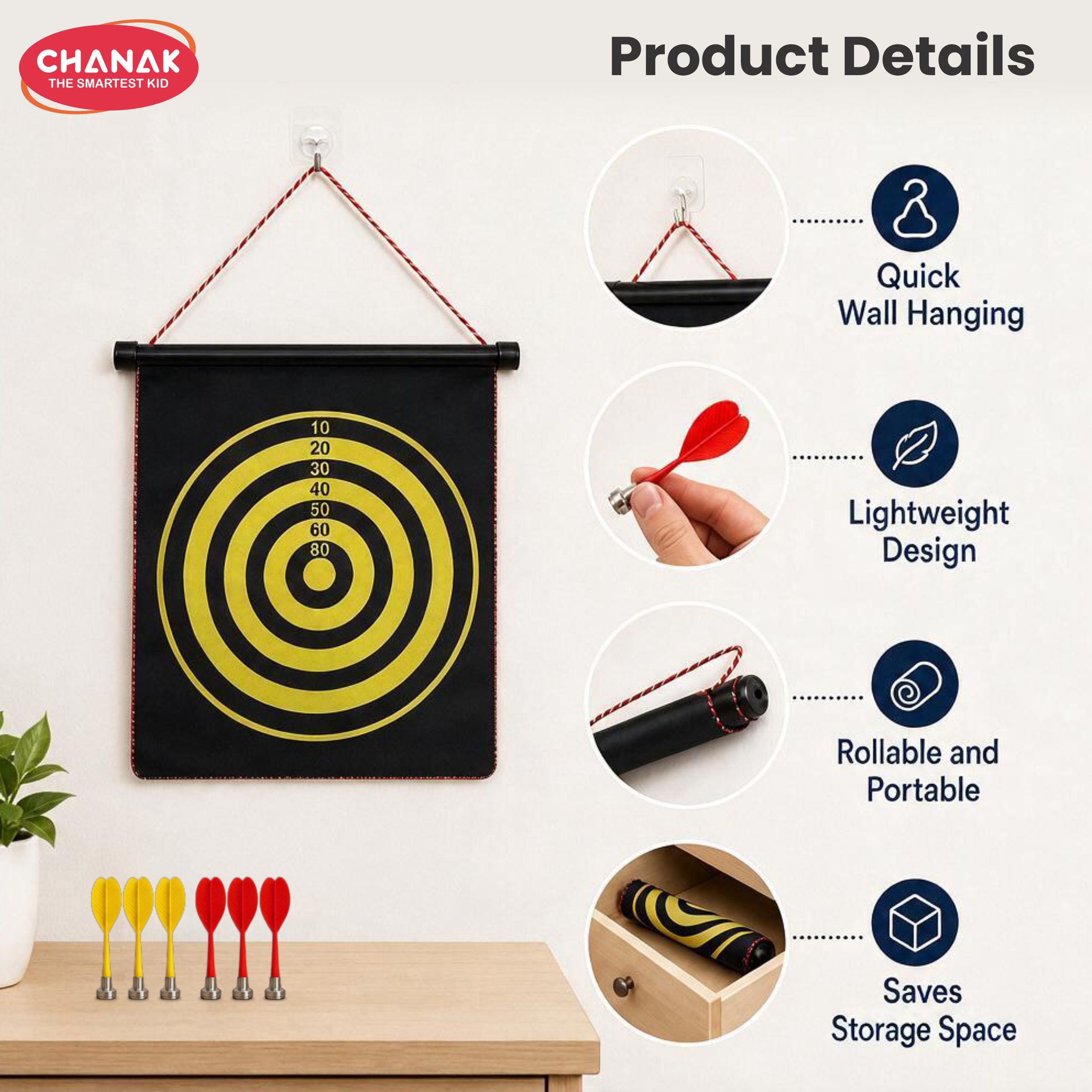 Chanak Magnetic Dart Board for Kids 5+ Years | Dual Sided Foldable 14 Inch Mat with 6 Blunt-Tip Darts – BIS Approved