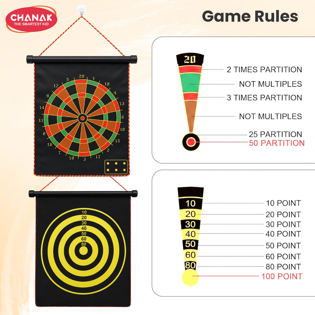 Chanak Magnetic Dart Board for Kids 5+ Years | Dual Sided Foldable 14 Inch Mat with 6 Blunt-Tip Darts – BIS Approved