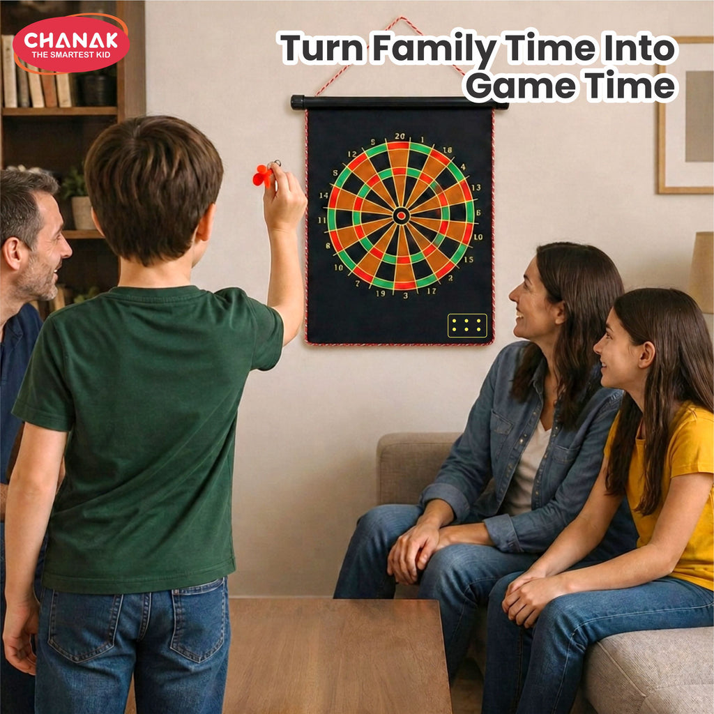 Chanak Magnetic Dart Board for Kids 5+ Years | Dual Sided Foldable 14 Inch Mat with 6 Blunt-Tip Darts – BIS Approved