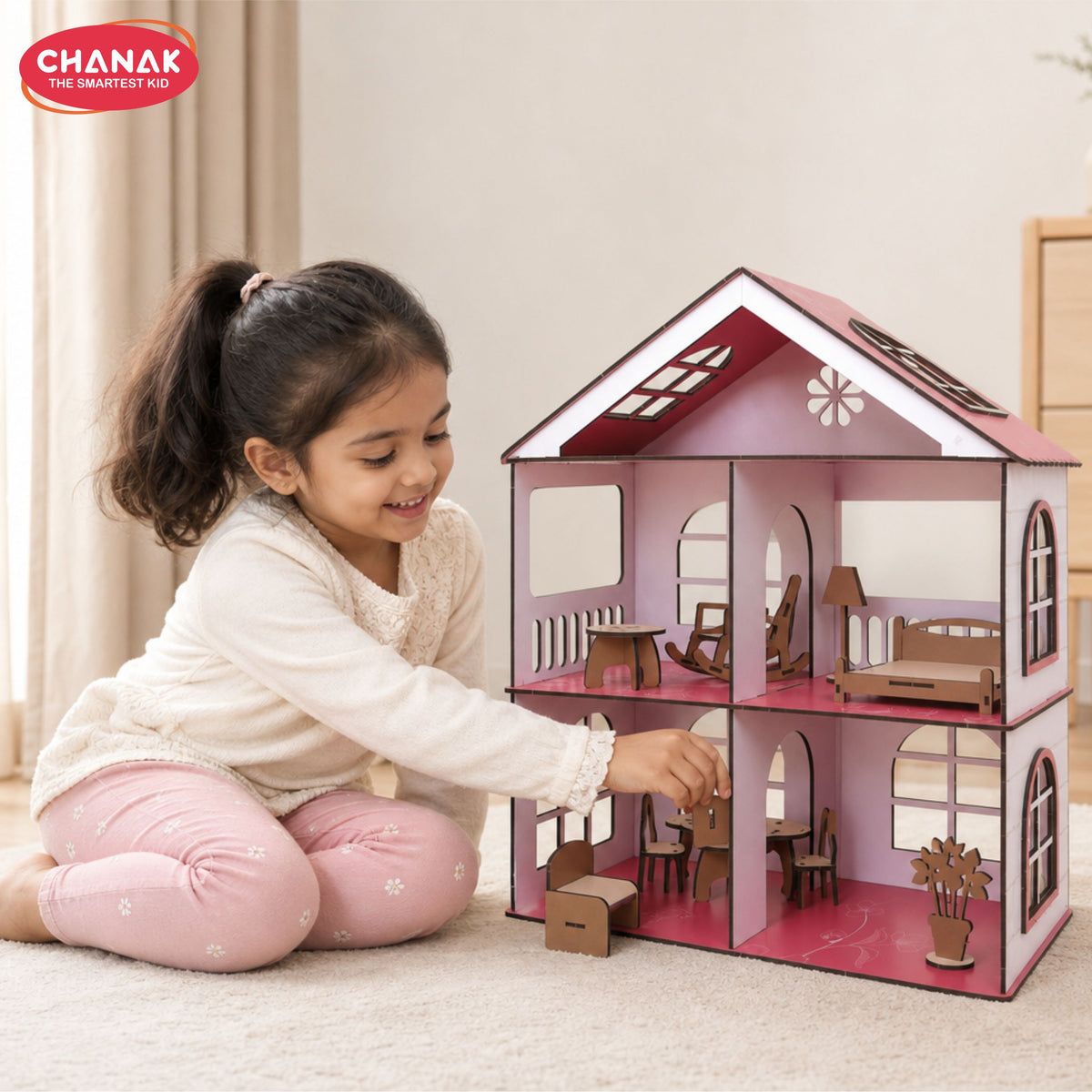 Chanak Wooden Doll House for Girls 3+ Years | 62 Pcs DIY 2-Storey 4-Room Cottage with Furniture – BIS Approved
