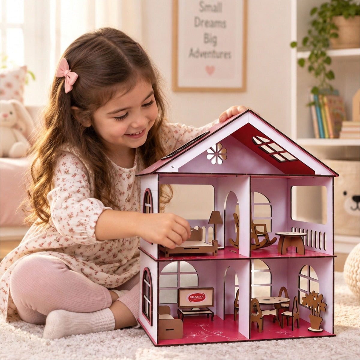 Chanak Wooden Doll House for Girls 3+ Years | 62 Pcs DIY 2-Storey 4-Room, Timber Cottage with Furniture – BIS Approved