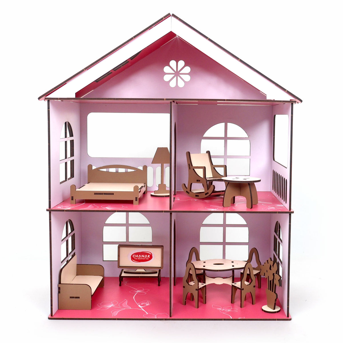 Chanak Wooden Doll House for Girls 3+ Years | 62 Pcs DIY 2-Storey 4-Room Cottage with Furniture – BIS Approved