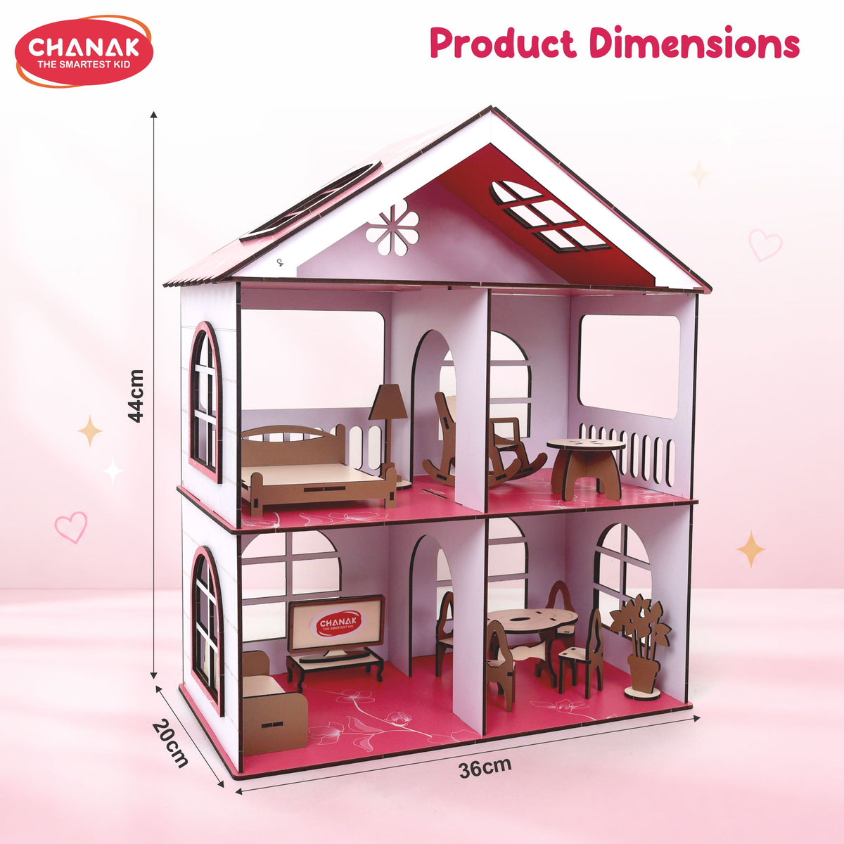 Chanak Wooden Doll House for Girls 3+ Years | 62 Pcs DIY 2-Storey 4-Room Cottage with Furniture – BIS Approved