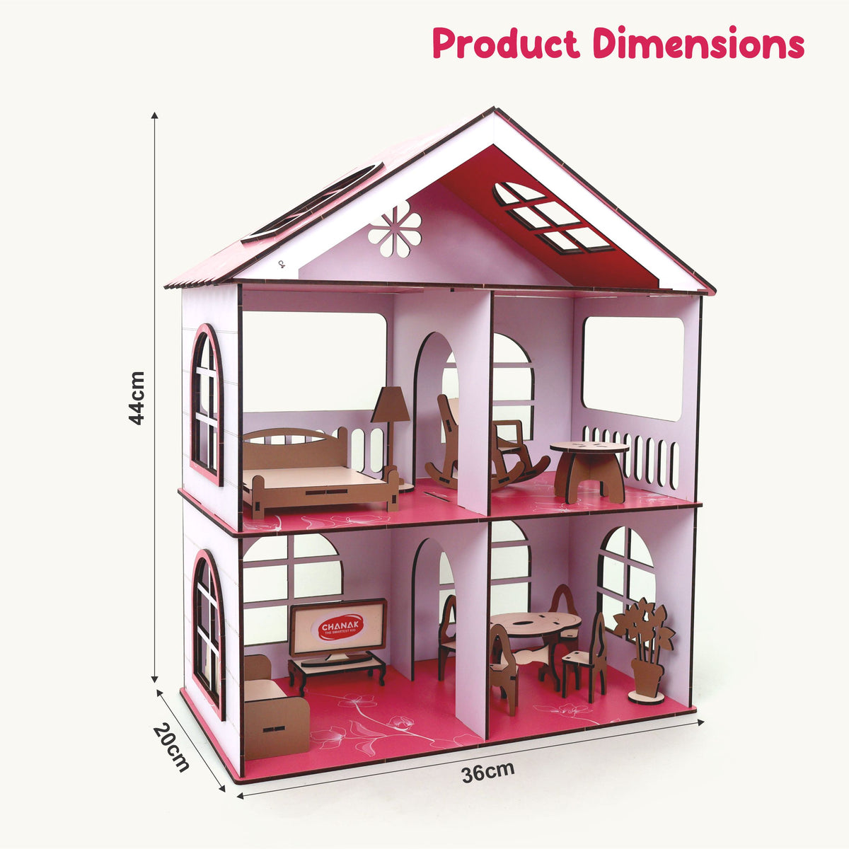 Chanak Wooden Doll House for Girls 3+ Years | 62 Pcs DIY 2-Storey 4-Room, Timber Cottage with Furniture – BIS Approved