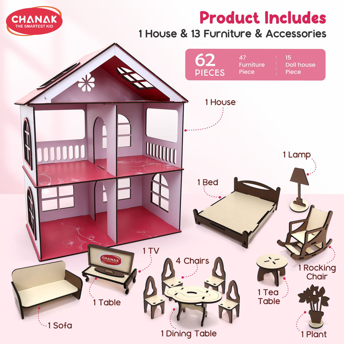 Chanak Wooden Doll House for Girls 3+ Years | 62 Pcs DIY 2-Storey 4-Room Cottage with Furniture – BIS Approved