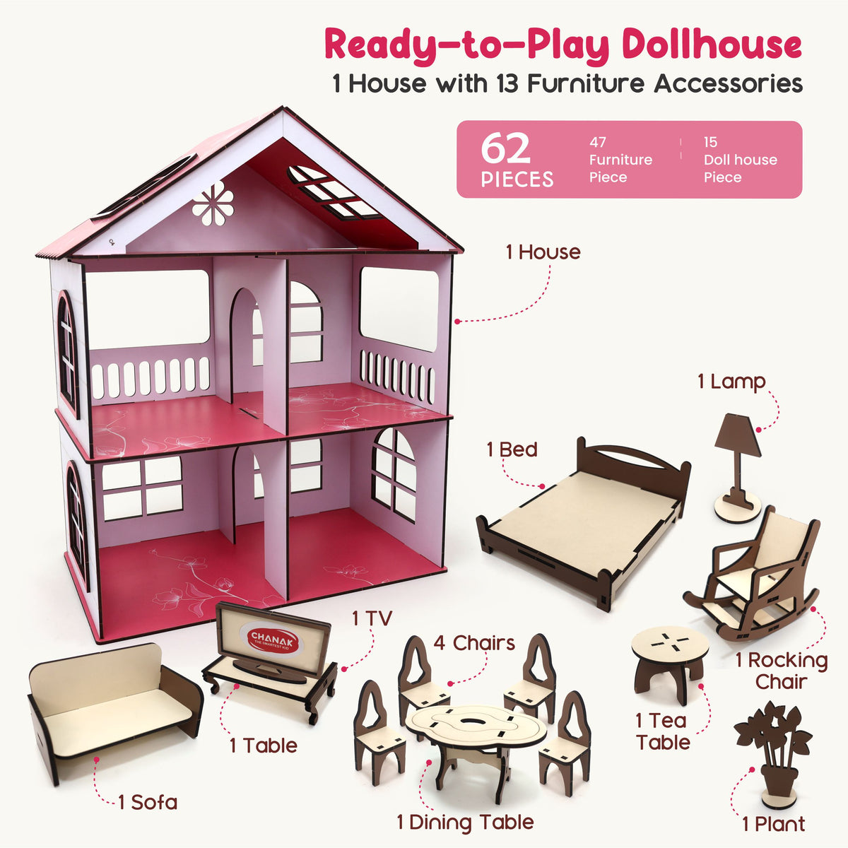 Chanak Wooden Doll House for Girls 3+ Years | 62 Pcs DIY 2-Storey 4-Room, Timber Cottage with Furniture – BIS Approved