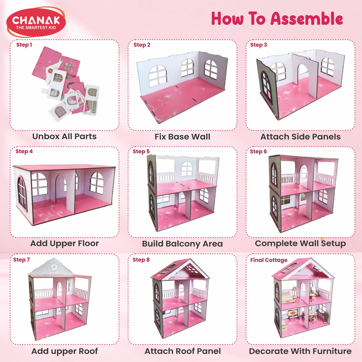 Chanak Wooden Doll House for Girls 3+ Years | 62 Pcs DIY 2-Storey 4-Room Cottage with Furniture – BIS Approved