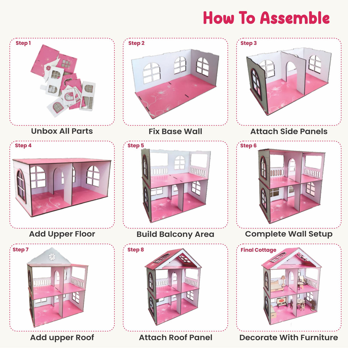 Chanak Wooden Doll House for Girls 3+ Years | 62 Pcs DIY 2-Storey 4-Room, Timber Cottage with Furniture – BIS Approved
