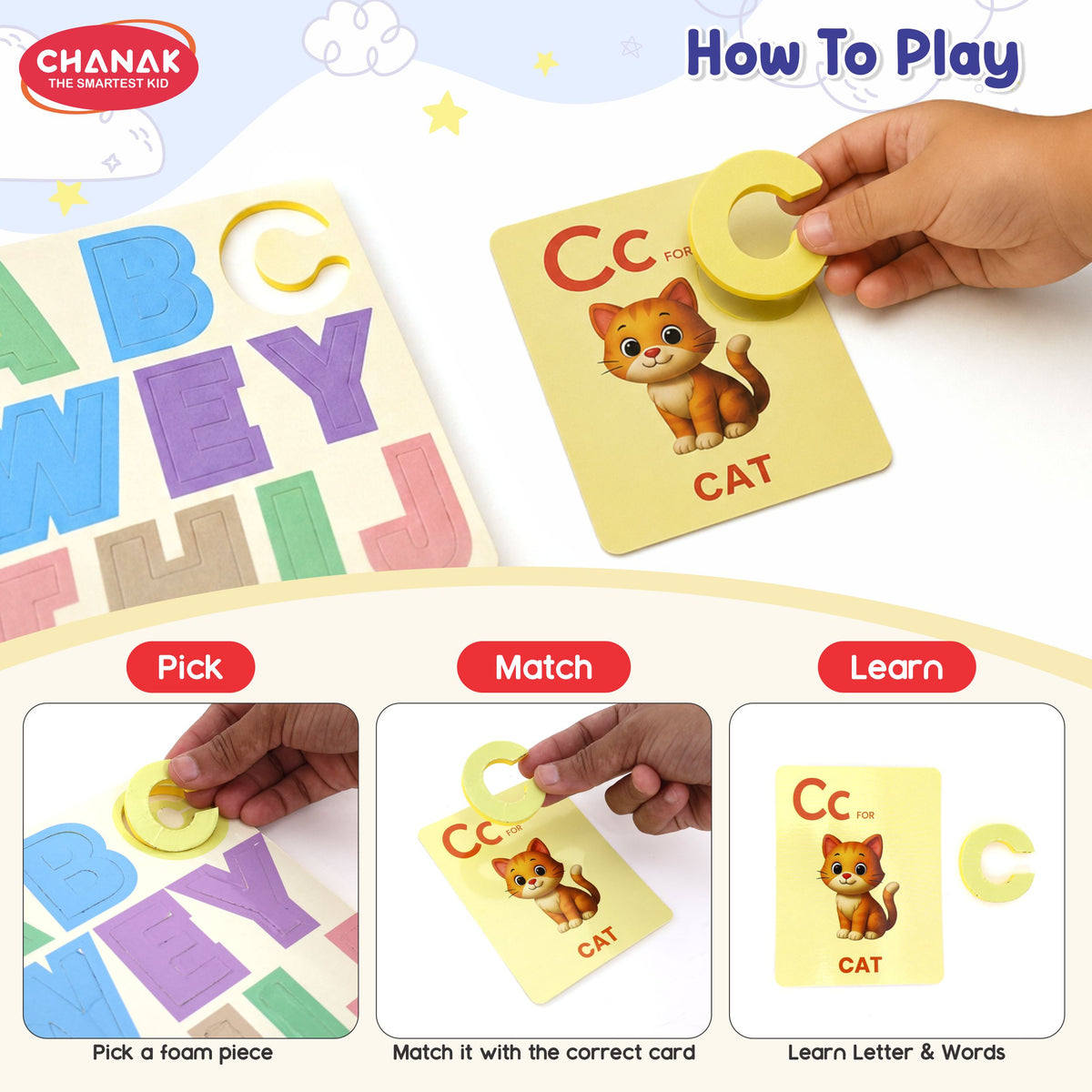 Chanak 4-in-1 Educational Board for Kids 3+ Years | 60 Cards, ABCD & Number Puzzles, EVA Foam Shapes – BIS Approved