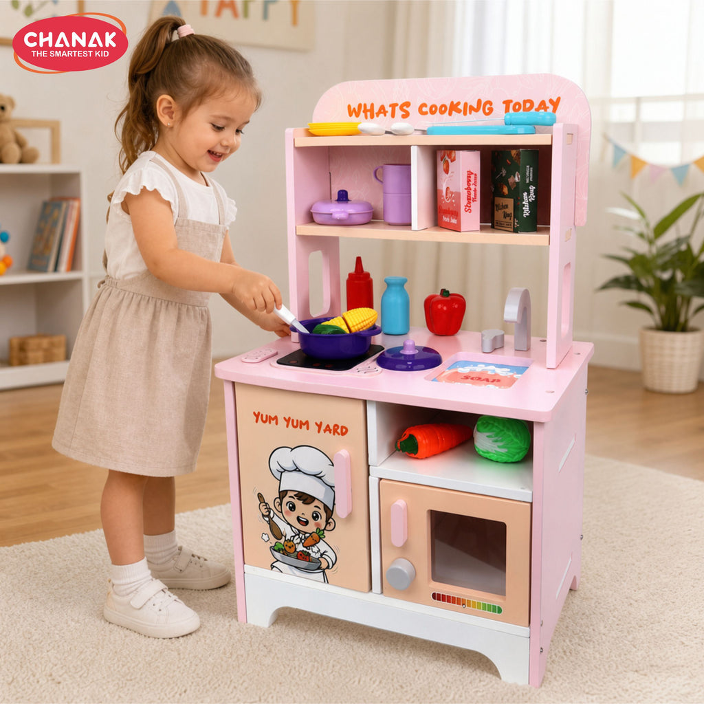 Chanak Wooden Yum Yum Yard Kitchen Set for Girls with Cooktop Sound & Lights, 42 Pcs Pretend Play Cooking Toys with Oven & Fry Pan, Role Play Kitchen Set Toy for Kids with Storage Compartments 3Y+