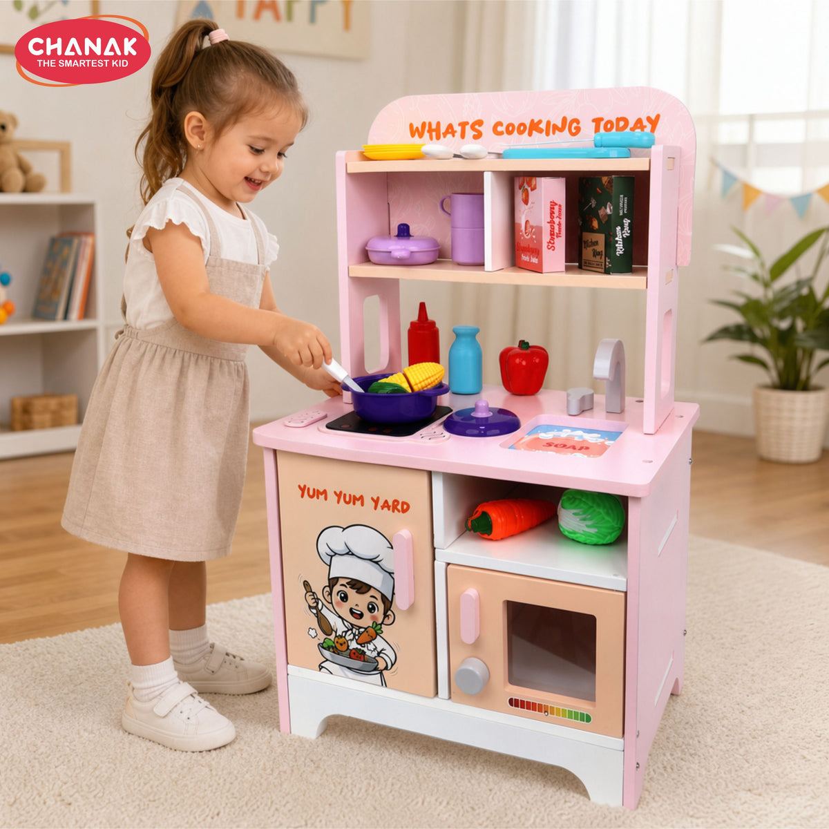 Chanak Wooden Yum Yum Yard Kitchen Set for Girls with Cooktop Sound & Lights, 42 Pcs Pretend Play Cooking Toys with Oven & Fry Pan, Role Play Kitchen Set Toy for Kids with Storage Compartments 3Y+