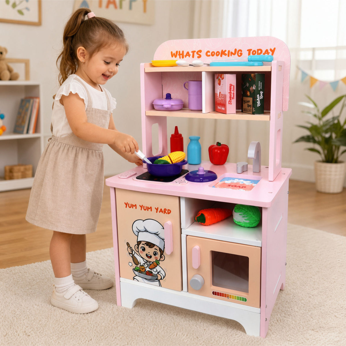 Chanak Wooden Kitchen Playset for Kids 3+ Years | 42 Pcs Pretend Play Cooking Set with Cooktop Sound & Lights – BIS Approved