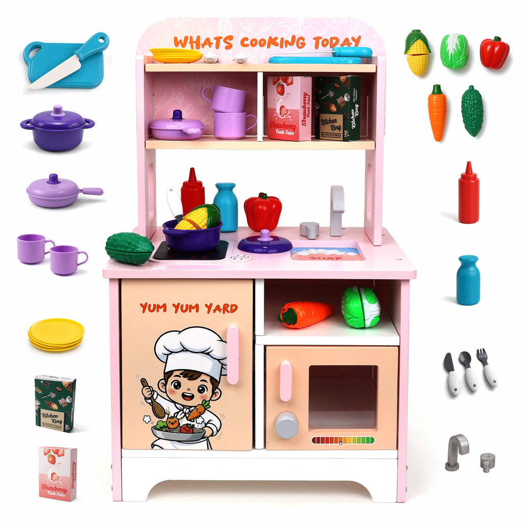 Chanak Wooden Yum Yum Yard Kitchen Set for Girls with Cooktop Sound & Lights, 42 Pcs Pretend Play Cooking Toys with Oven & Fry Pan, Role Play Kitchen Set Toy for Kids with Storage Compartments 3Y+