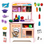 Chanak Wooden Yum Yum Yard Kitchen Set for Girls with Cooktop Sound & Lights, 42 Pcs Pretend Play Cooking Toys with Oven & Fry Pan, Role Play Kitchen Set Toy for Kids with Storage Compartments 3Y+