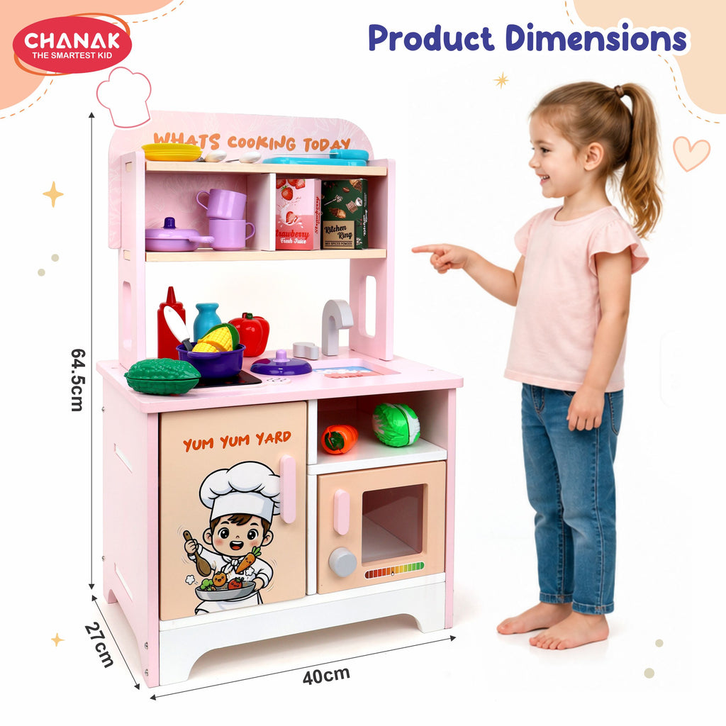 Chanak Wooden Yum Yum Yard Kitchen Set for Girls with Cooktop Sound & Lights, 42 Pcs Pretend Play Cooking Toys with Oven & Fry Pan, Role Play Kitchen Set Toy for Kids with Storage Compartments 3Y+