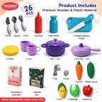 Chanak Wooden Yum Yum Yard Kitchen Set for Girls with Cooktop Sound & Lights, 42 Pcs Pretend Play Cooking Toys with Oven & Fry Pan, Role Play Kitchen Set Toy for Kids with Storage Compartments 3Y+