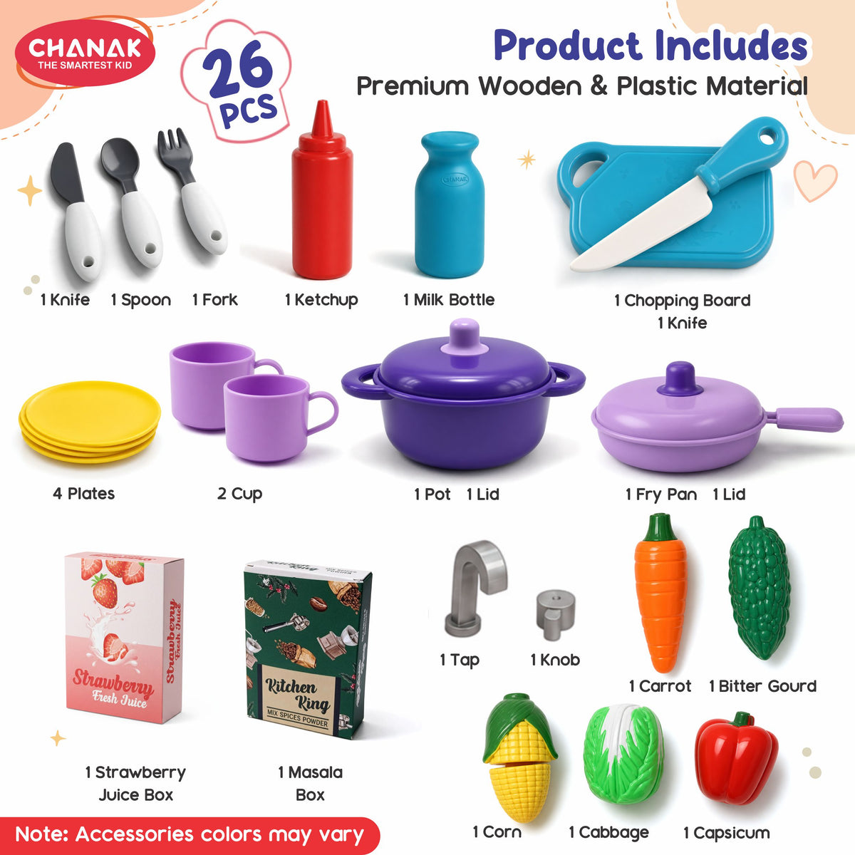 Chanak Wooden Yum Yum Yard Kitchen Set for Girls with Cooktop Sound & Lights, 42 Pcs Pretend Play Cooking Toys with Oven & Fry Pan, Role Play Kitchen Set Toy for Kids with Storage Compartments 3Y+