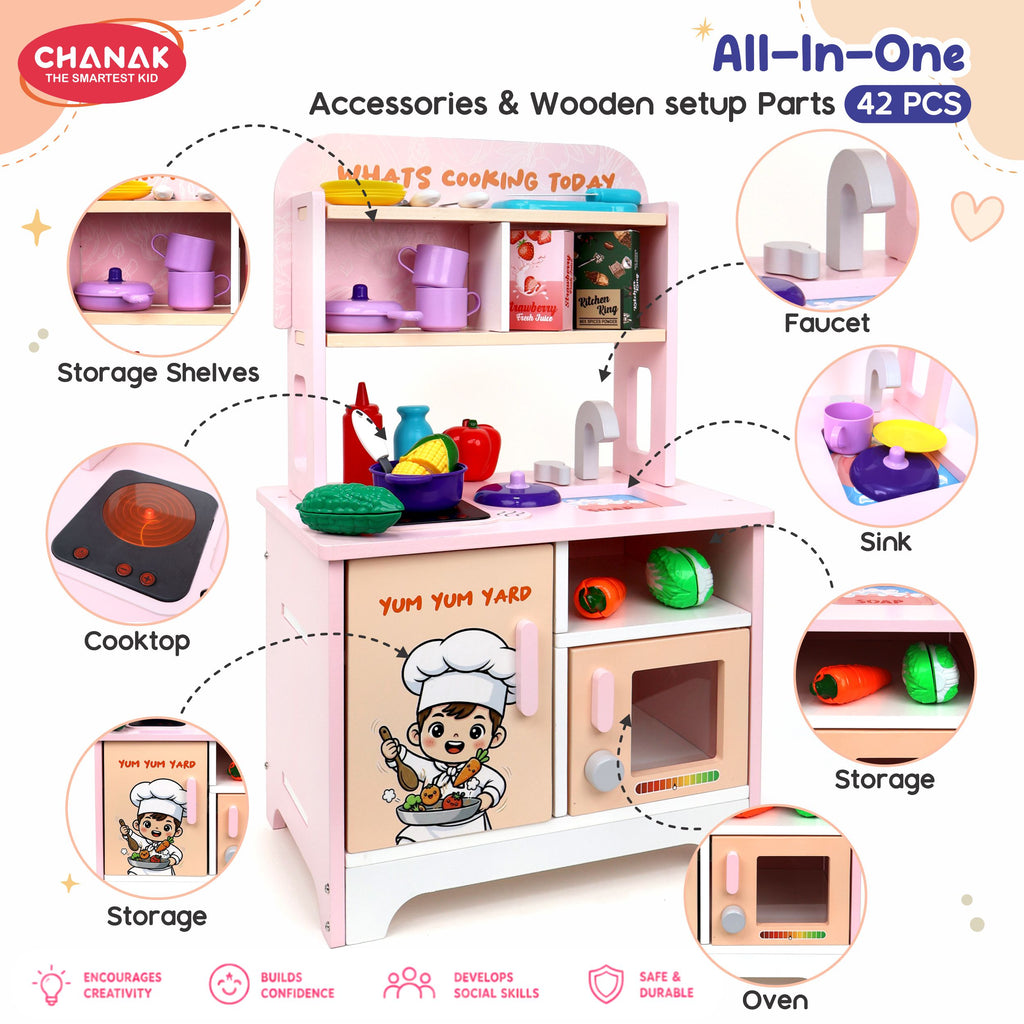Chanak Wooden Yum Yum Yard Kitchen Set for Girls with Cooktop Sound & Lights, 42 Pcs Pretend Play Cooking Toys with Oven & Fry Pan, Role Play Kitchen Set Toy for Kids with Storage Compartments 3Y+