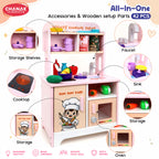 Chanak Wooden Yum Yum Yard Kitchen Set for Girls with Cooktop Sound & Lights, 42 Pcs Pretend Play Cooking Toys with Oven & Fry Pan, Role Play Kitchen Set Toy for Kids with Storage Compartments 3Y+