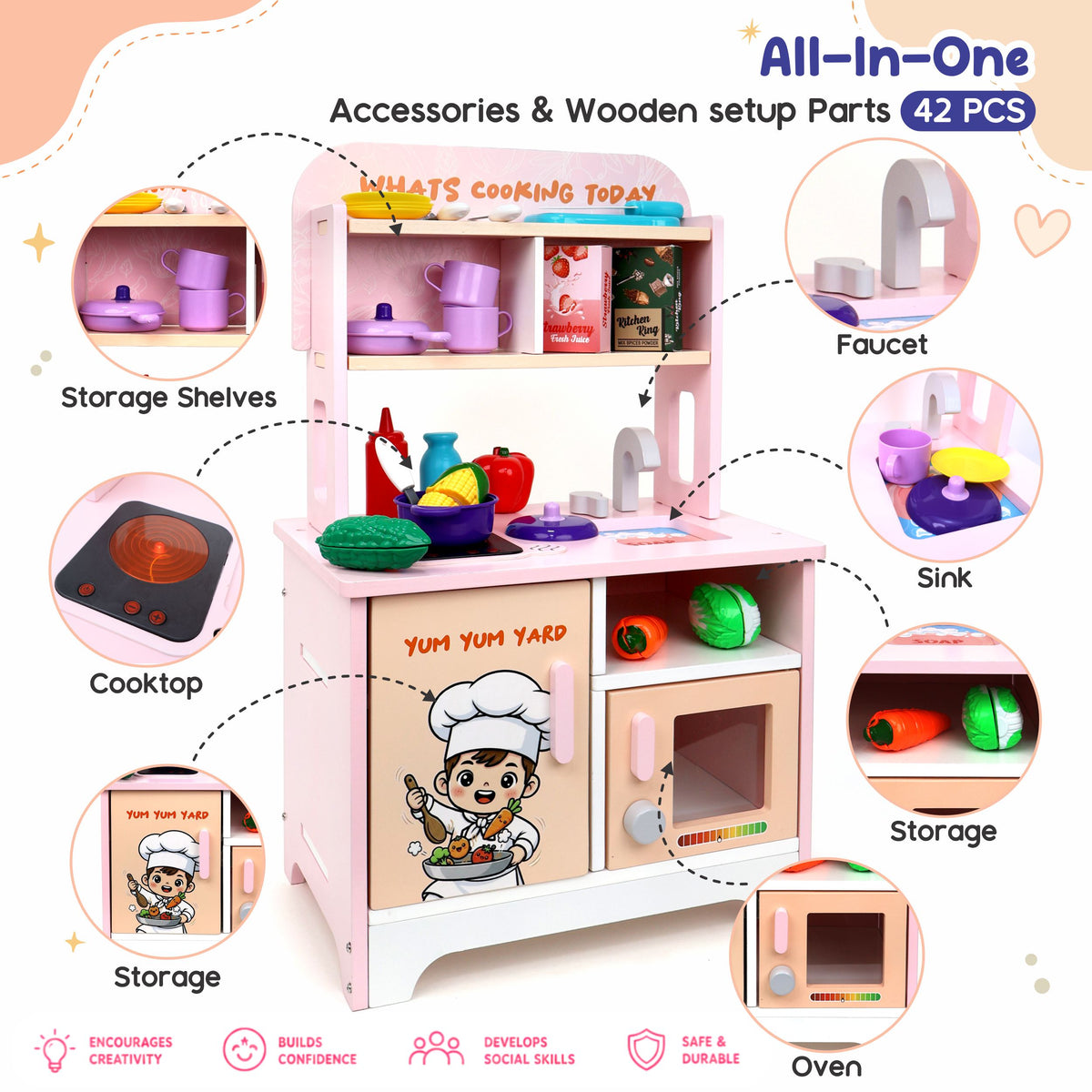 Chanak Wooden Kitchen Playset for Kids 3+ Years | 42 Pcs Pretend Play Cooking Set with Cooktop Sound & Lights – BIS Approved