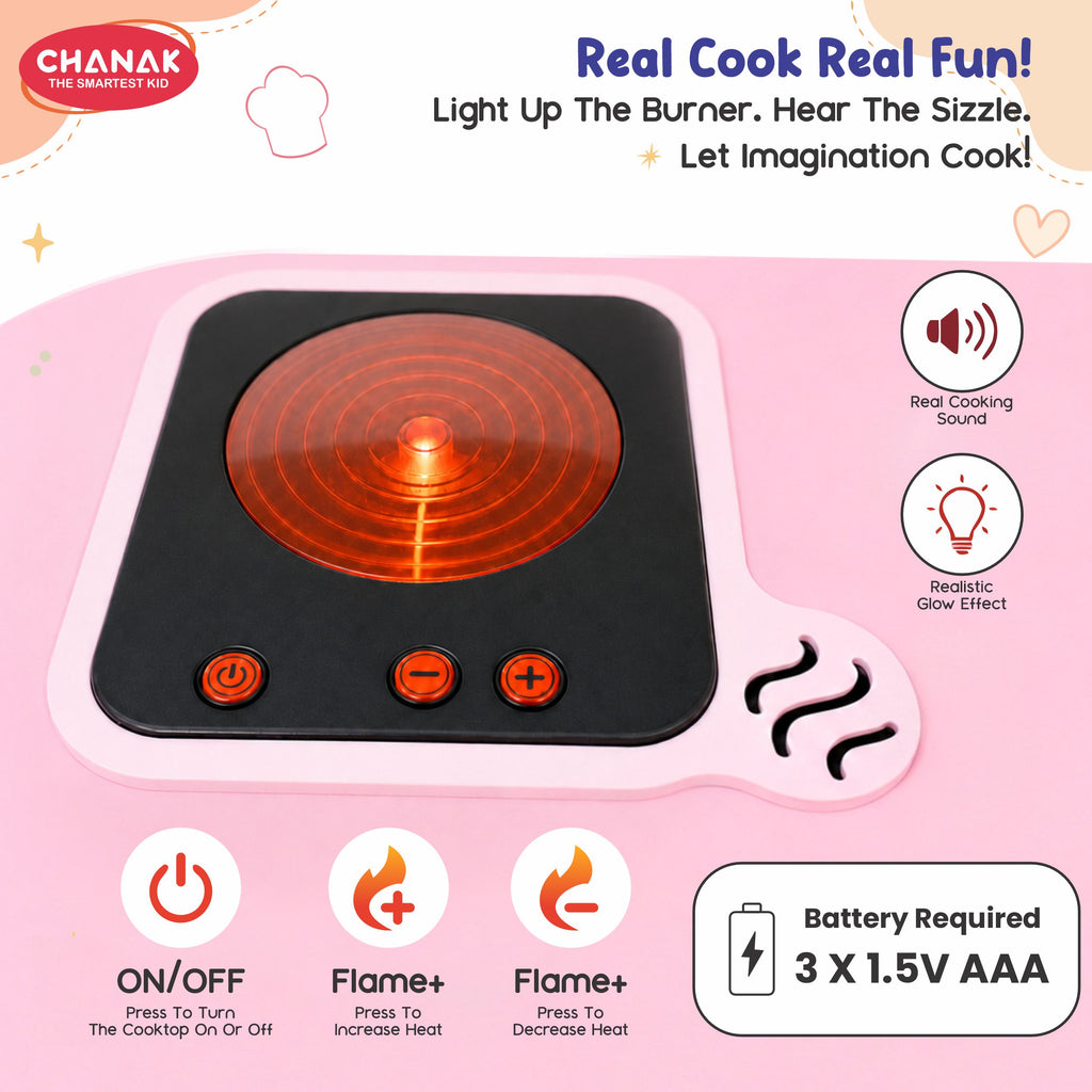 Chanak Wooden Yum Yum Yard Kitchen Set for Girls with Cooktop Sound & Lights, 42 Pcs Pretend Play Cooking Toys with Oven & Fry Pan, Role Play Kitchen Set Toy for Kids with Storage Compartments 3Y+