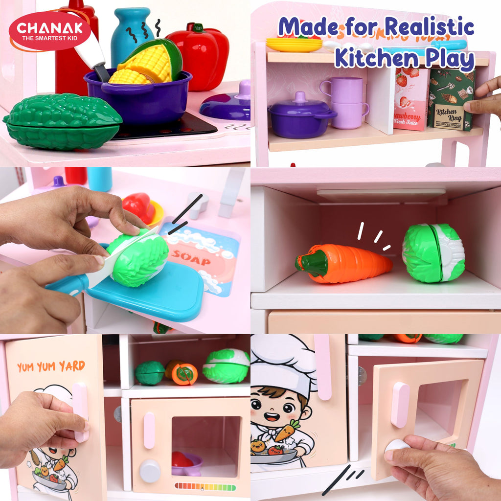Chanak Wooden Yum Yum Yard Kitchen Set for Girls with Cooktop Sound & Lights, 42 Pcs Pretend Play Cooking Toys with Oven & Fry Pan, Role Play Kitchen Set Toy for Kids with Storage Compartments 3Y+