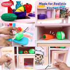 Chanak Wooden Yum Yum Yard Kitchen Set for Girls with Cooktop Sound & Lights, 42 Pcs Pretend Play Cooking Toys with Oven & Fry Pan, Role Play Kitchen Set Toy for Kids with Storage Compartments 3Y+