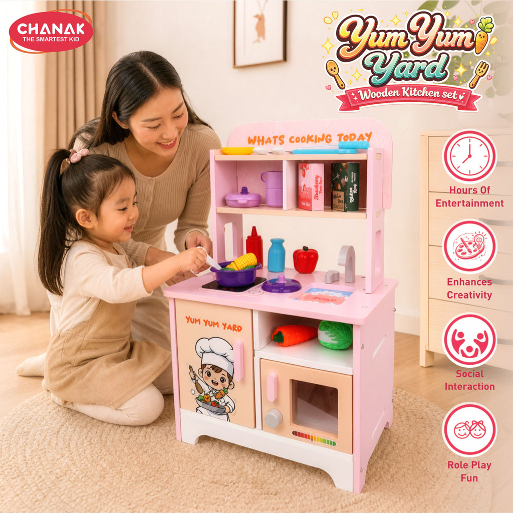 Chanak Wooden Yum Yum Yard Kitchen Set for Girls with Cooktop Sound & Lights, 42 Pcs Pretend Play Cooking Toys with Oven & Fry Pan, Role Play Kitchen Set Toy for Kids with Storage Compartments 3Y+