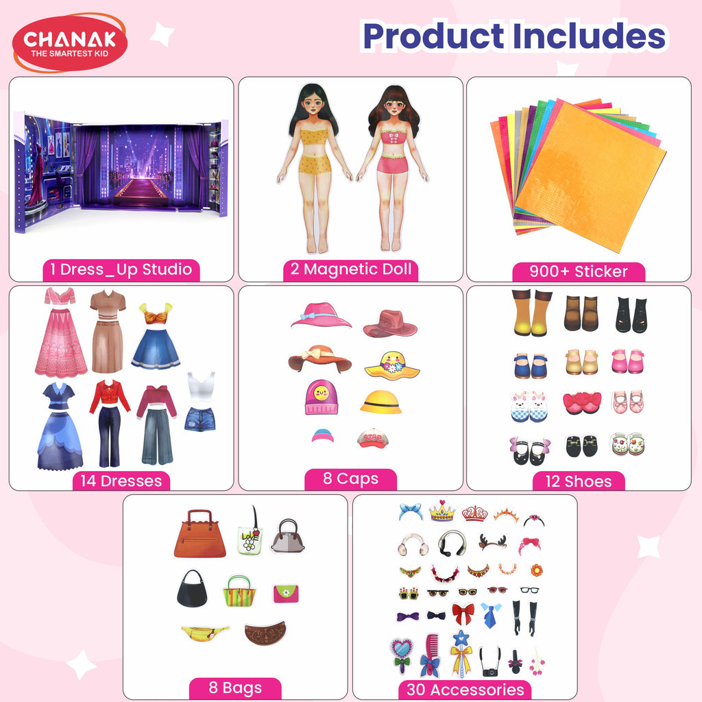Chanak Glam Girl Magnetic Dress Up Princess, Multi Look Magnetic Doll Dress Up, 2 Doll Pretend Playset With 73 Pcs & 900+ Sticker Mix & Match Outfits Gift For Girls Age 3-4 Years, BIS Approved