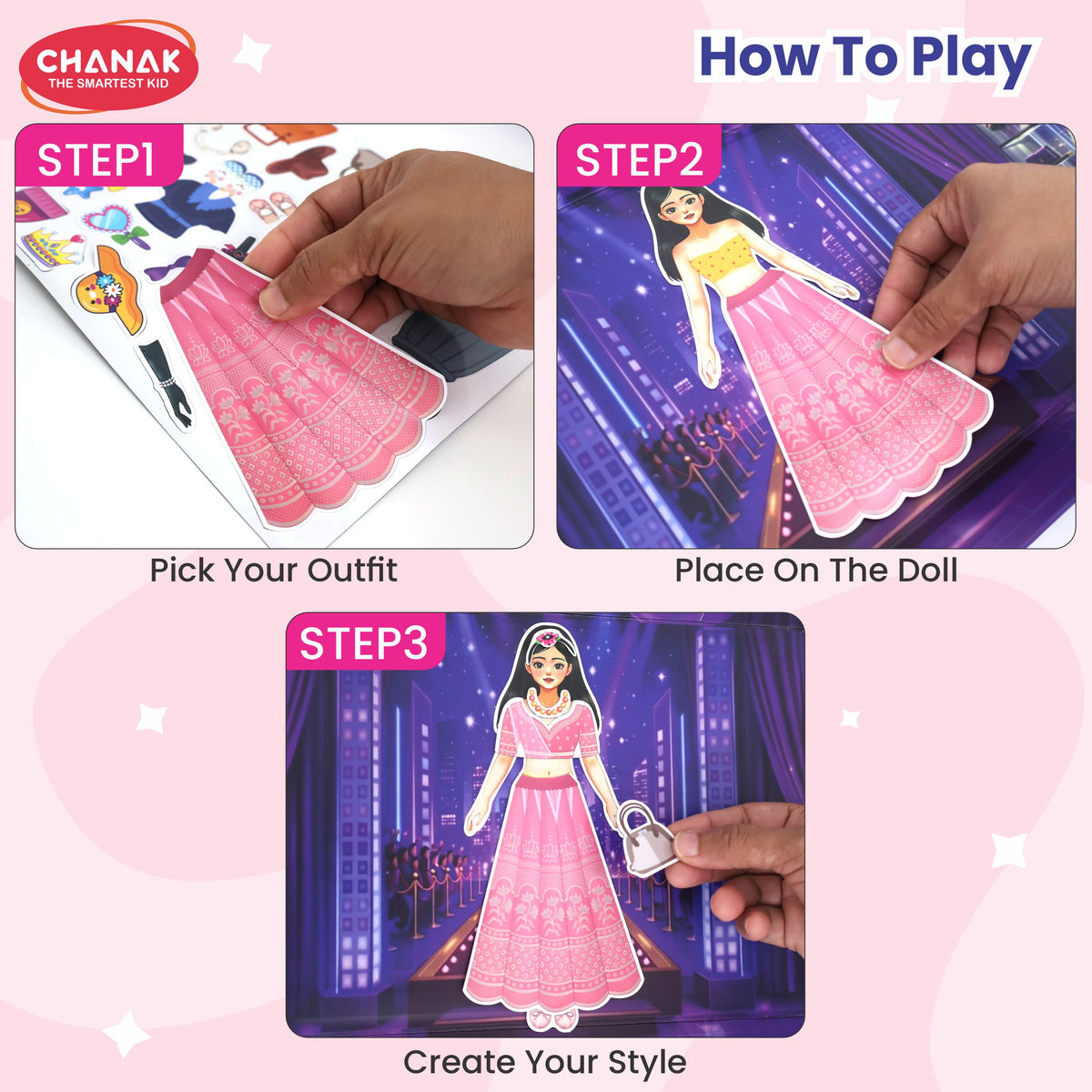 Chanak Glam Girl Magnetic Dress Up Princess, Multi Look Magnetic Doll Dress Up, 2 Doll Pretend Playset With 73 Pcs & 900+ Sticker Mix & Match Outfits Gift For Girls Age 3-4 Years, BIS Approved
