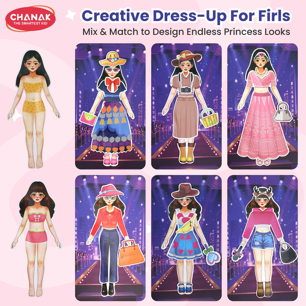 Chanak Glam Girl Magnetic Dress Up Princess, Multi Look Magnetic Doll Dress Up, 2 Doll Pretend Playset With 73 Pcs & 900+ Sticker Mix & Match Outfits Gift For Girls Age 3-4 Years, BIS Approved