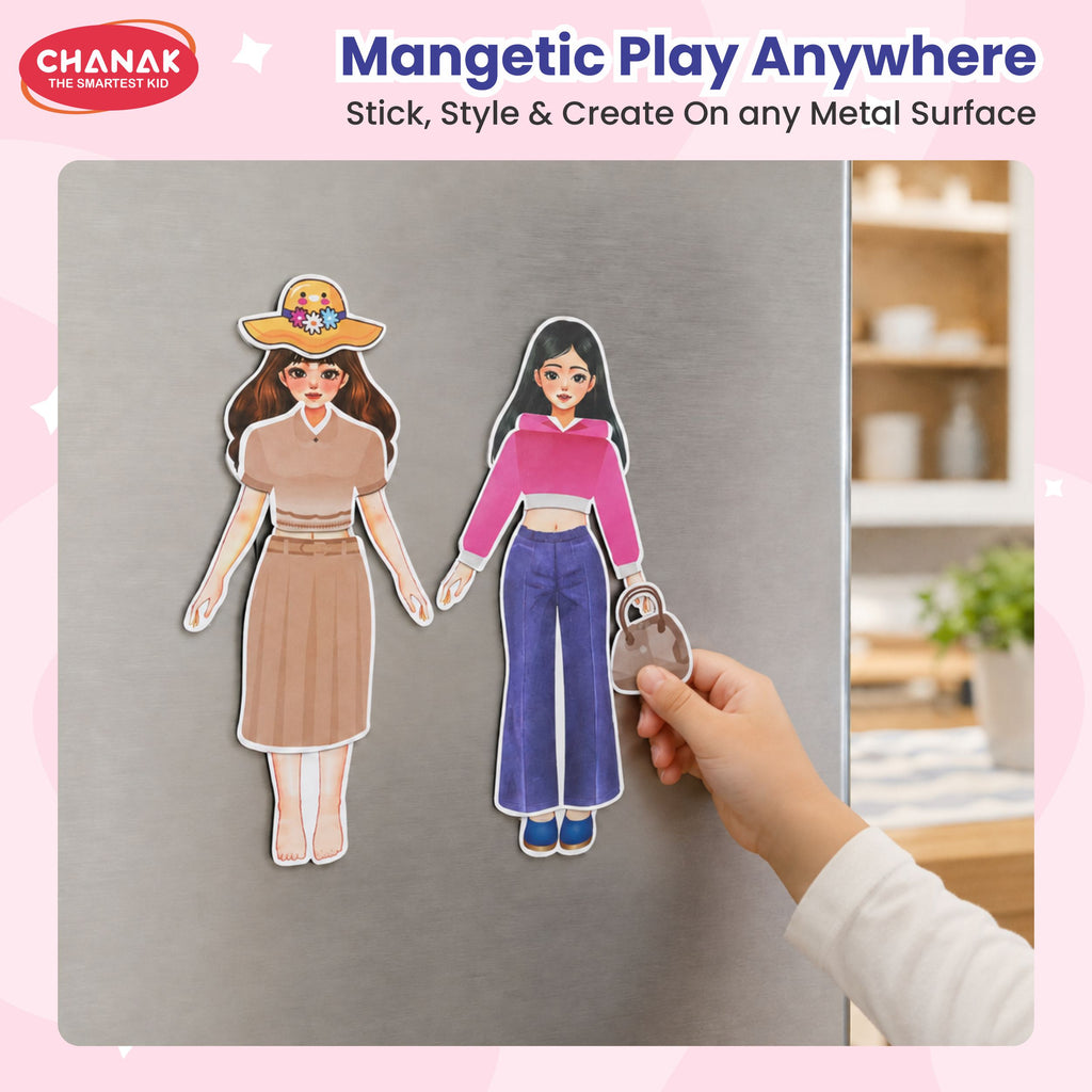 Chanak Glam Girl Magnetic Dress Up Princess, Multi Look Magnetic Doll Dress Up, 2 Doll Pretend Playset With 73 Pcs & 900+ Sticker Mix & Match Outfits Gift For Girls Age 3-4 Years, BIS Approved