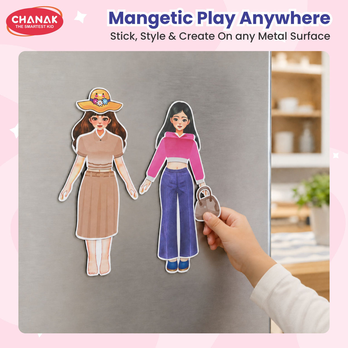 Chanak Glam Girl Magnetic Dress Up Princess, Multi Look Magnetic Doll Dress Up, 2 Doll Pretend Playset With 73 Pcs & 900+ Sticker Mix & Match Outfits Gift For Girls Age 3-4 Years, BIS Approved