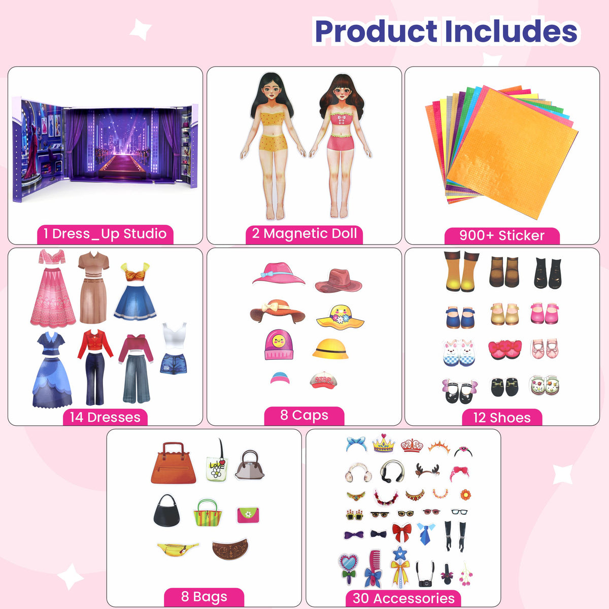 Chanak Magnetic Dress Up Doll Playset for Girls 3+ Years | 2 Dolls, 73 Pcs & 900+ Stickers Mix & Match Outfits – BIS Approved