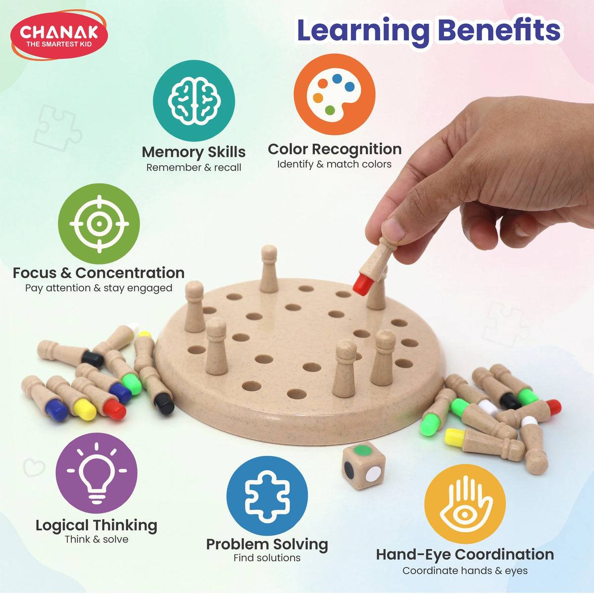 Chanak Memory Chess Game for Kids with 24 Coloured Pegs & 1 Dice, Memory Match Stick Chess, Educational Block Board Games, Multiplayer Brain Puzzle Game for Boys & Girls 3Y+, BIS Approved
