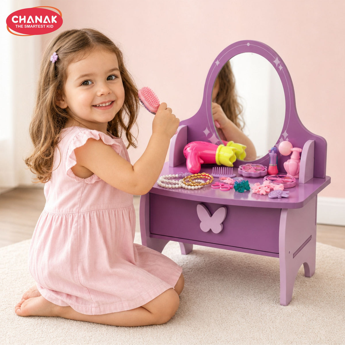 Chanak Wooden Vanity Dressing Table for Girls 3+ Years | 15+ Accessories Makeup Kit with Mirror & Storage – BIS Approved