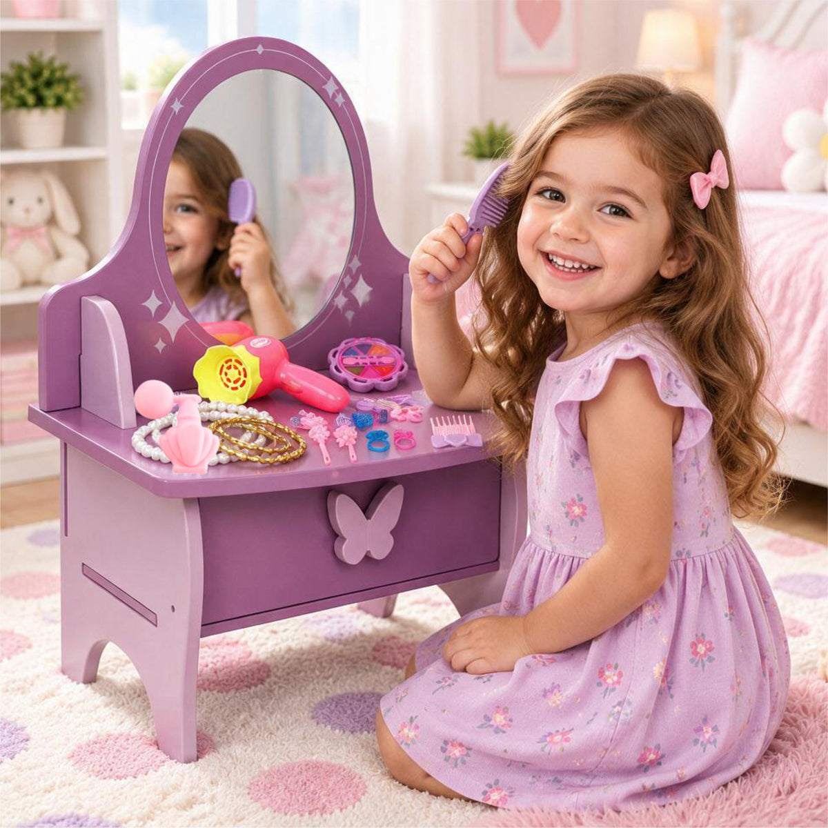 Chanak Wooden Glamore Vanity Dressing Table for Girls 3+ Years | 15+ Accessories Makeup Kit with Mirror & Storage