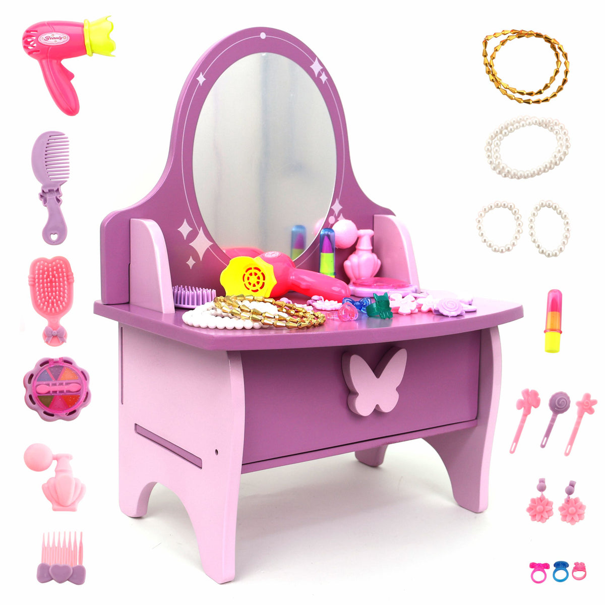Chanak Wooden Vanity Dressing Table for Girls 3+ Years | 15+ Accessories Makeup Kit with Mirror & Storage – BIS Approved