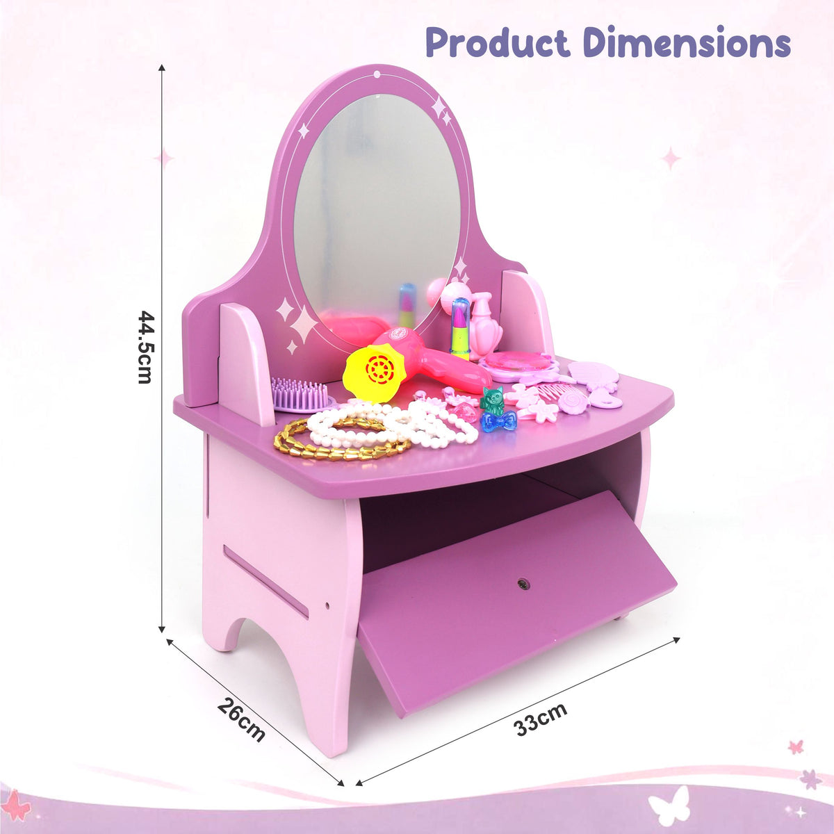 Chanak Wooden Glamore Vanity Dressing Table for Girls 3+ Years | 15+ Accessories Makeup Kit with Mirror & Storage