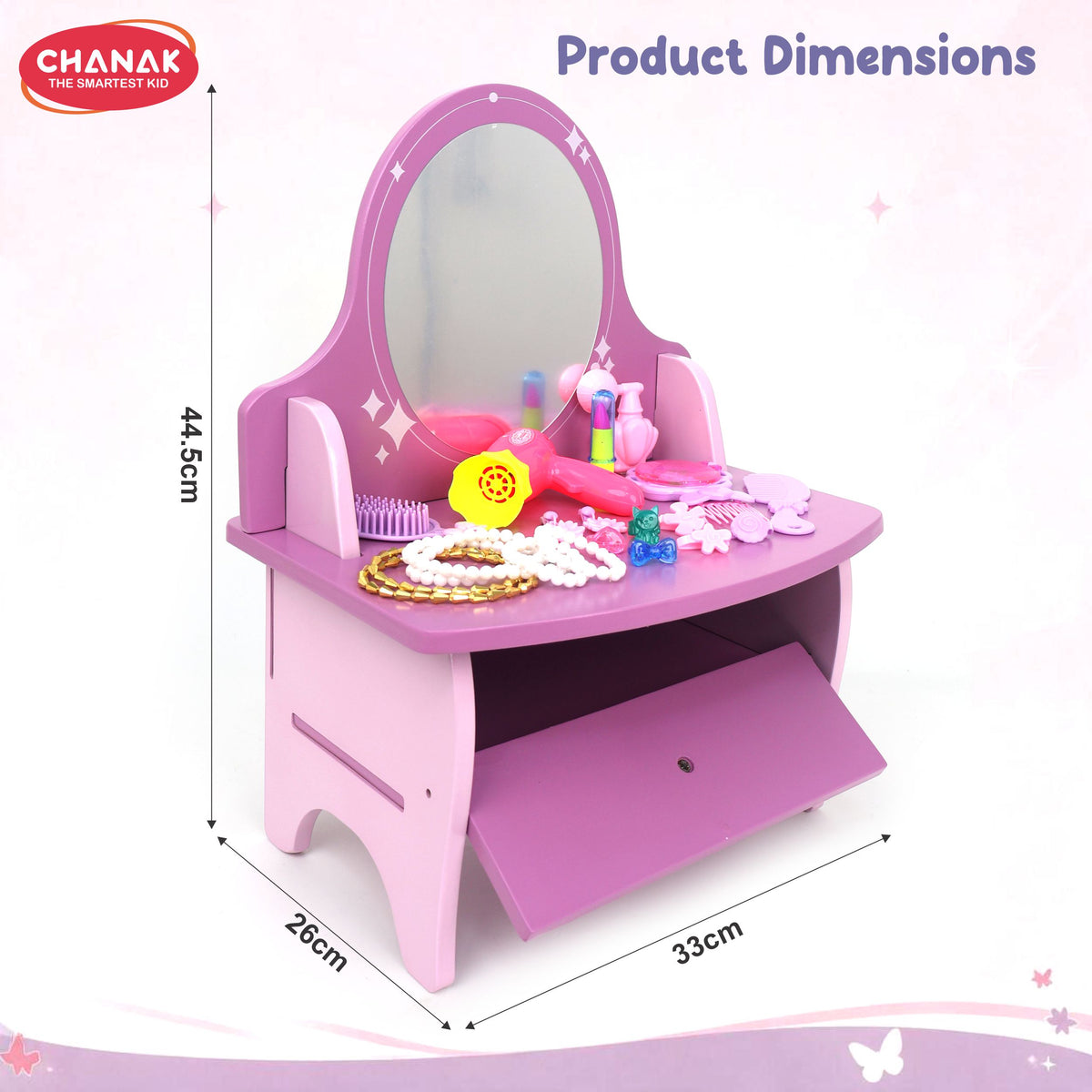 Chanak Wooden Vanity Dressing Table for Girls 3+ Years | 15+ Accessories Makeup Kit with Mirror & Storage – BIS Approved