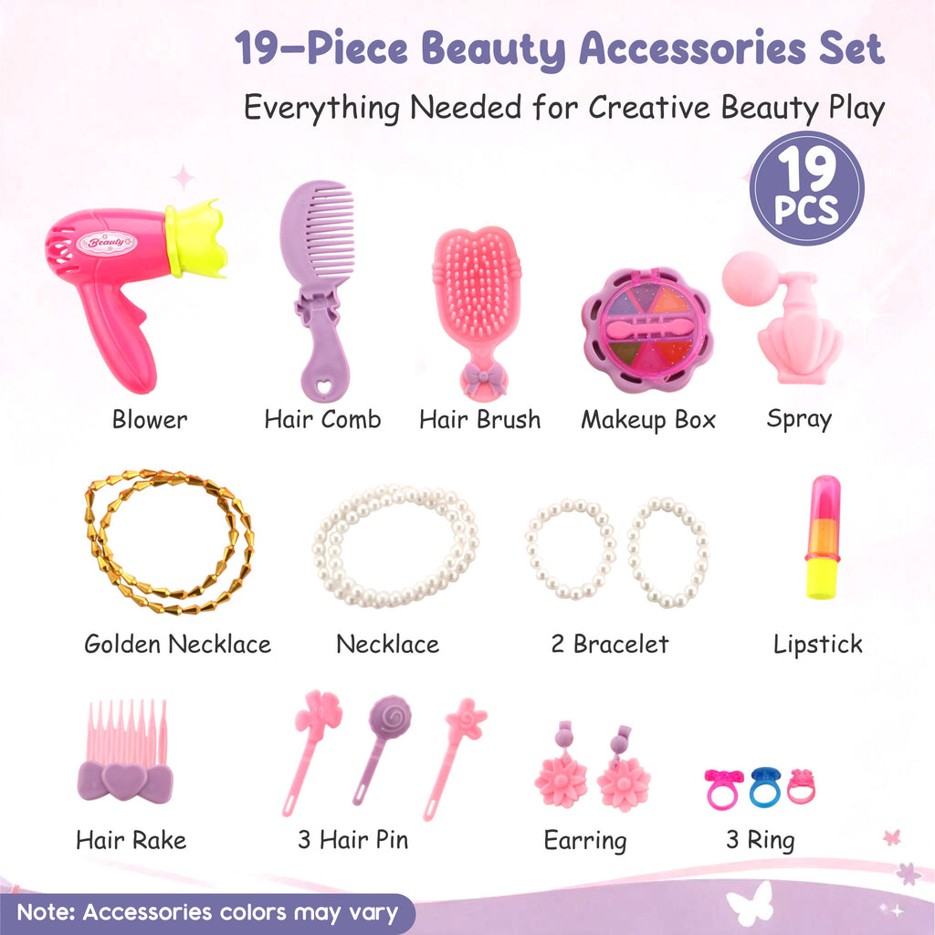 Chanak Wooden Glamore Vanity Dressing Table for Girls 3+ Years | 15+ Accessories Makeup Kit with Mirror & Storage