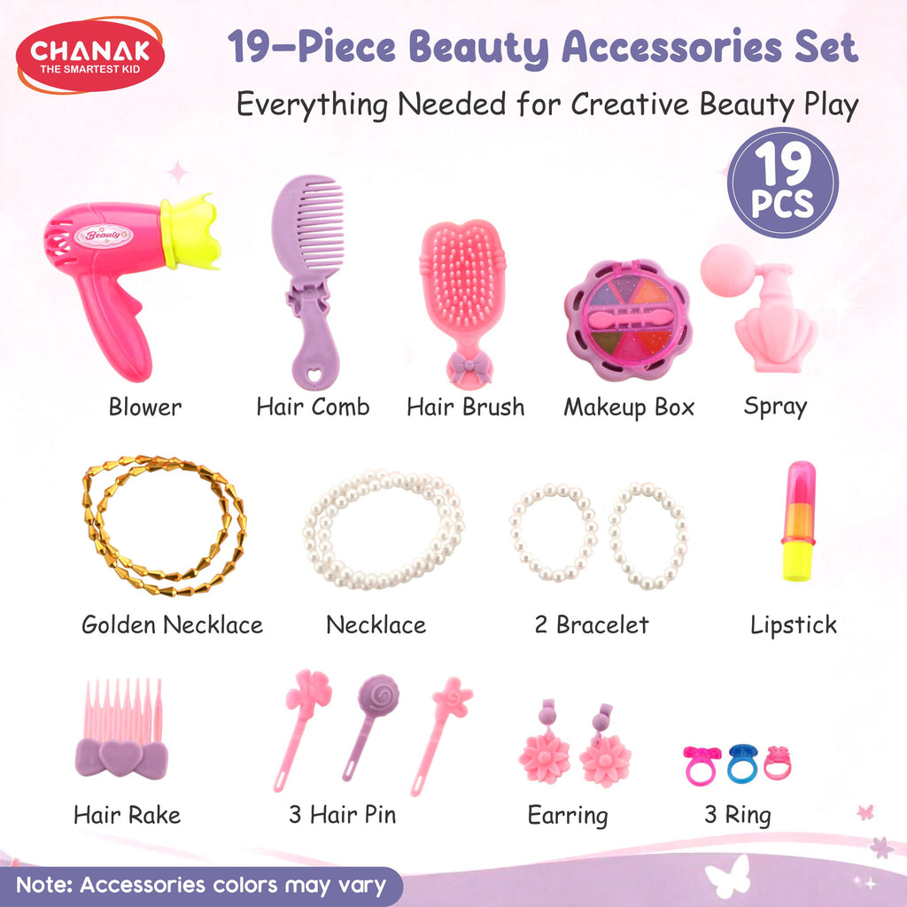 Chanak Wooden Vanity Dressing Table for Girls 3+ Years | 15+ Accessories Makeup Kit with Mirror & Storage – BIS Approved