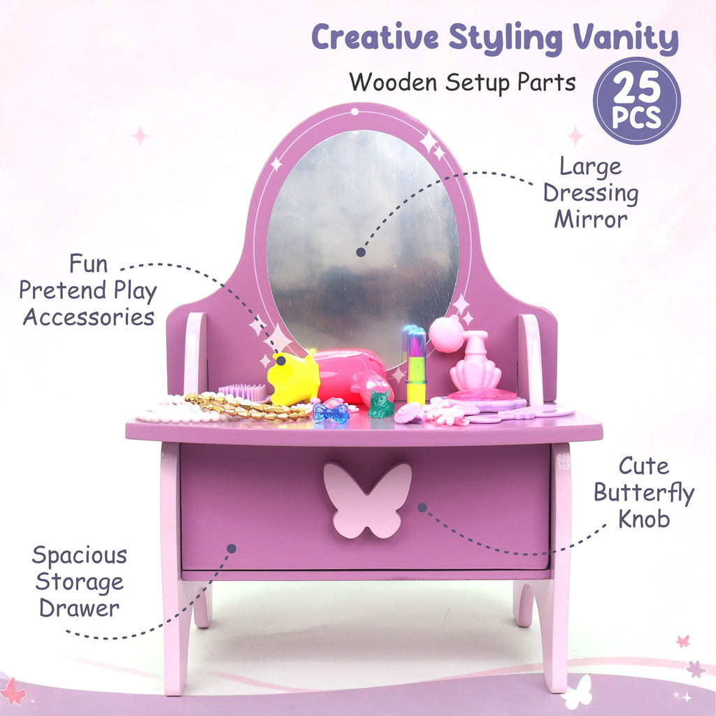 Chanak Wooden Glamore Vanity Dressing Table for Girls 3+ Years | 15+ Accessories Makeup Kit with Mirror & Storage
