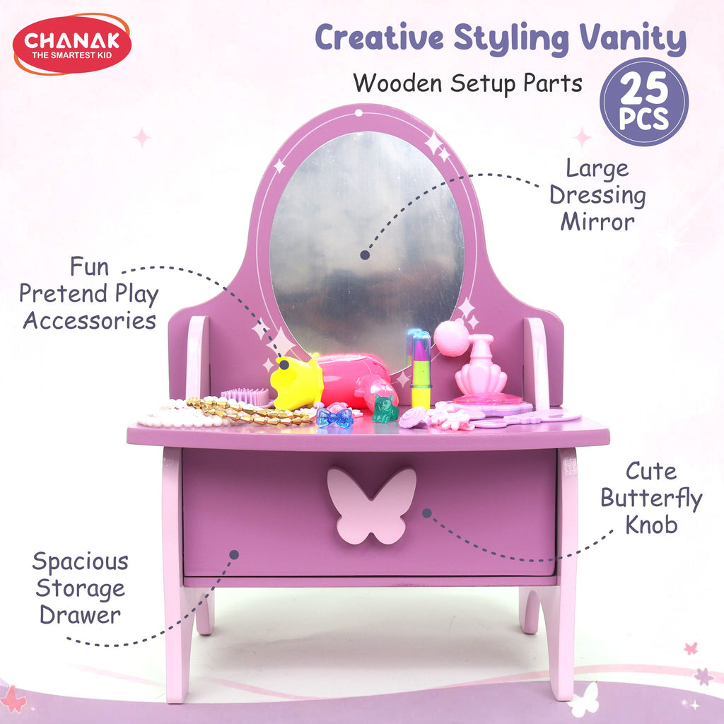 Chanak Wooden Vanity Dressing Table for Girls 3+ Years | 15+ Accessories Makeup Kit with Mirror & Storage – BIS Approved