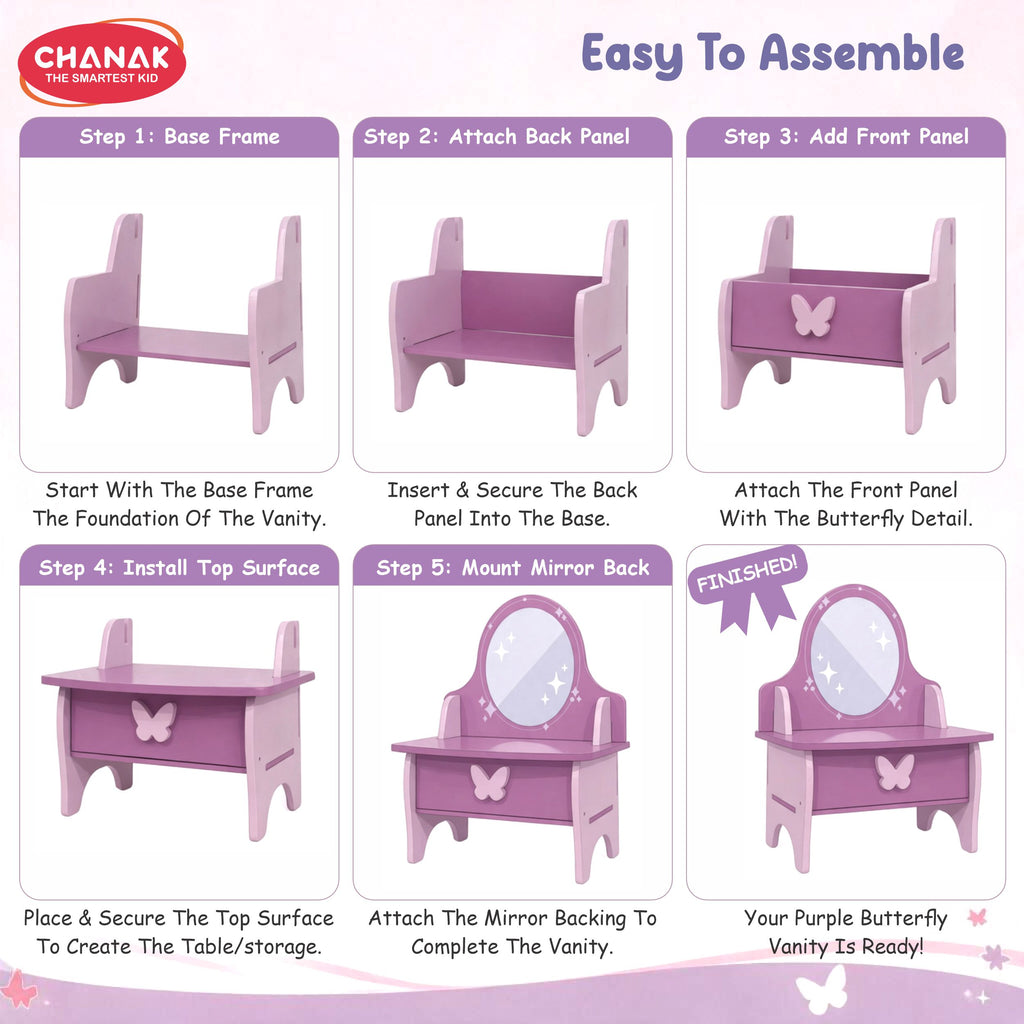 Chanak Wooden Vanity Dressing Table for Girls 3+ Years | 15+ Accessories Makeup Kit with Mirror & Storage – BIS Approved